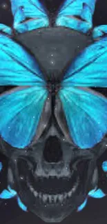 Skull with vibrant blue butterflies on a dark background wallpaper.