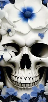 Skull with elegant white and blue flowers art wallpaper.