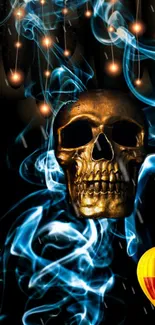 Gold skull with blue smoke and fireballs wallpaper, featuring dark background.