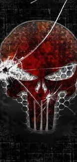 Skull with red hue and bullet cracks on a dark background.