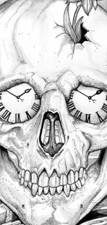 Black and white skull illustration with clock eyes and a cracked design.