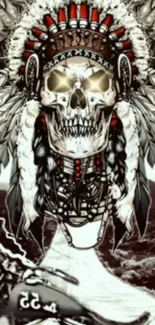 Skull with feather headdress in tribal style wallpaper.