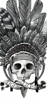 Monochrome skull with feathered headdress artwork