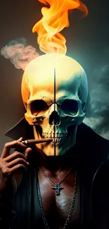 Surreal skull with flaming head and smoke, artistic wallpaper.