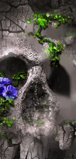 Gray skull with green vines and purple flowers wallpaper.