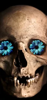 A skull with blue flowers in the eye sockets on a dark background.