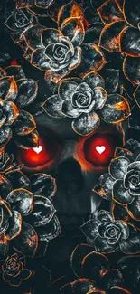 A skull with red glowing eyes surrounded by neon flowers.