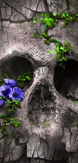 Gray skull with green vines and purple flowers phone wallpaper.