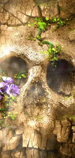 Wallpaper featuring a cracked earth skull with flowers.