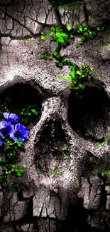 Skull with purple flowers and green vines on cracked texture.