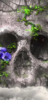 Skull with green vines and purple flowers on a misty background.