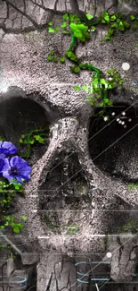 Gray skull with green vines and a purple flower wallpaper.