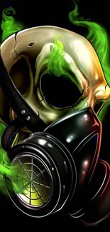 Skull with gas mask and green smoke on black background.