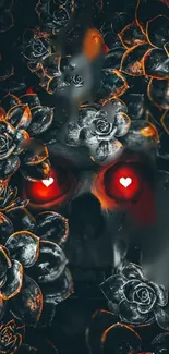 Artistic skull with glowing eyes and succulent roses on a dark background.