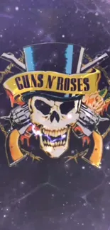 Skull with guns and roses on purple background.