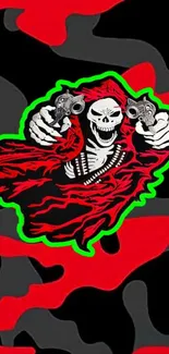 Skull with guns in red cloak on a camo background.