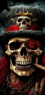 A skull adorned with a top hat and roses, set in a smoky dark background.