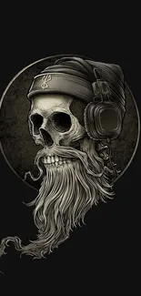 Dark themed skull with headphones and beard on mobile wallpaper.