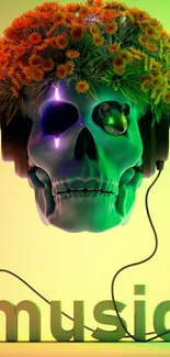 Artistic skull with headphones and flowers.