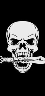 Monochrome skull with knife design on black background.