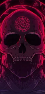 Neon red skull with mystical symbols on a dark background.