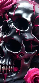 Dark skull with vibrant pink roses.