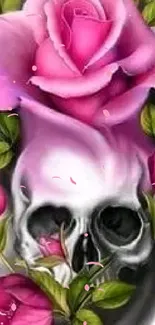 Skull with pink roses and green leaves on a mobile wallpaper.