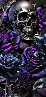 Metallic skull with purple roses on a dark background.