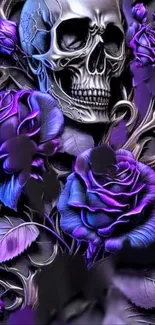 Intricate skull with purple roses on dark background.