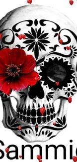 Black and white skull with red flower on mobile wallpaper.