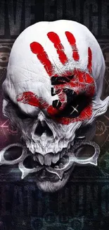 Skull wallpaper with red handprint and dark background.