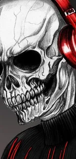 Skull with red headphones on black background art.