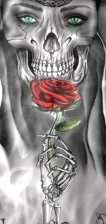 Skull holding a red rose, with green eyes on dark background.