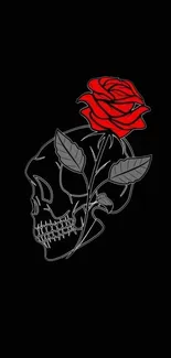 Black wallpaper with a skull and red rose design.