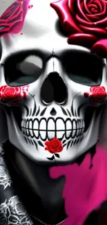 Stylish skull with red roses mobile wallpaper.