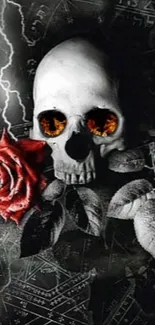 Artistic wallpaper featuring skull with a red rose and fiery eyes.