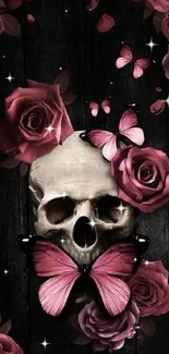 Skull with pink roses and butterflies on a dark background.