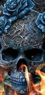 Skull with blue roses and fiery flames wallpaper.