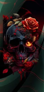 Dark skull with roses mobile wallpaper featuring rich colors.