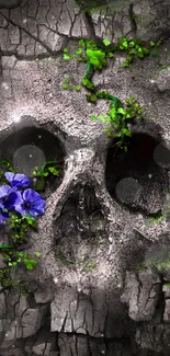 Skull with green vines and purple flowers on a cracked surface.