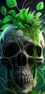 Intricate skull design with lush green vines on dark background.