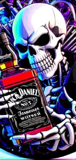 Illustration of a skull holding a whiskey bottle in vibrant colors.