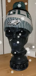 Dark skull with a winter beanie, adorned with snowflakes.