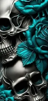 Artistic mobile wallpaper with skulls and blue roses.