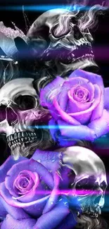 Wallpaper featuring skulls with purple roses on a dark background.