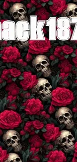 Wallpaper with skulls and vibrant red roses on a dark background.