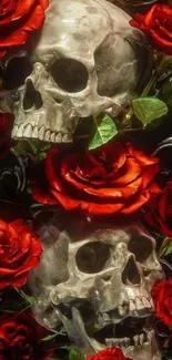 Dark wallpaper featuring skulls and red roses, perfect for mobile screens.