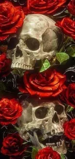 Dark wallpaper with skulls and red roses, creating a gothic aesthetic.