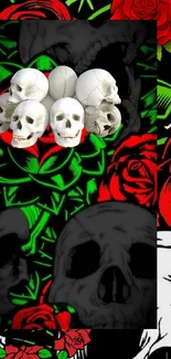 Mobile wallpaper of skulls and roses in a vibrant gothic style.