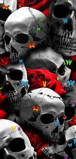 Mobile wallpaper with skulls and red roses, creating a bold, gothic look.